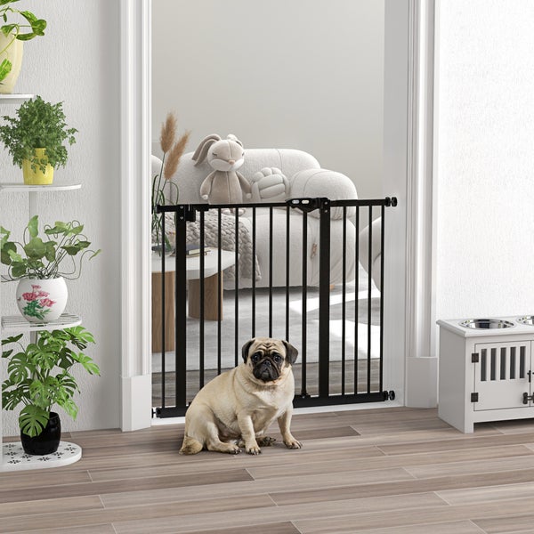 PawHut Türschutzgitter Hunde, Absperrgitter, 74-94 cm, Treppenschutzgitter für Haustier, Hundegitter inkl. Verlängerung, Schutzgitter ohne Bohren, Metall, Kunststoff, Schwarz
