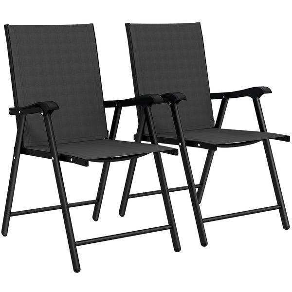 Zwei klappbare Gartenstühle mit Armlehnen, Metallgestell und Textilbespannung, anthrazitfarben.