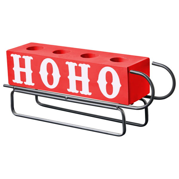 Dekorative Kerzenhalter mit der Aufschrift Ho Ho Ho auf einem Metallgestell
