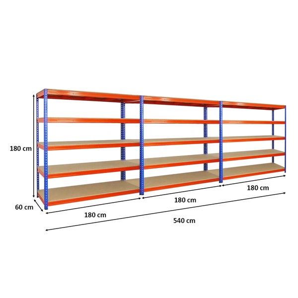 PROREGAL Mega Deal 3x Profi Schwerlastregal Bison HxBxT 200 x 200 x 60 cm 5 Fachböden Fachlast 600 kg Blau-Orange