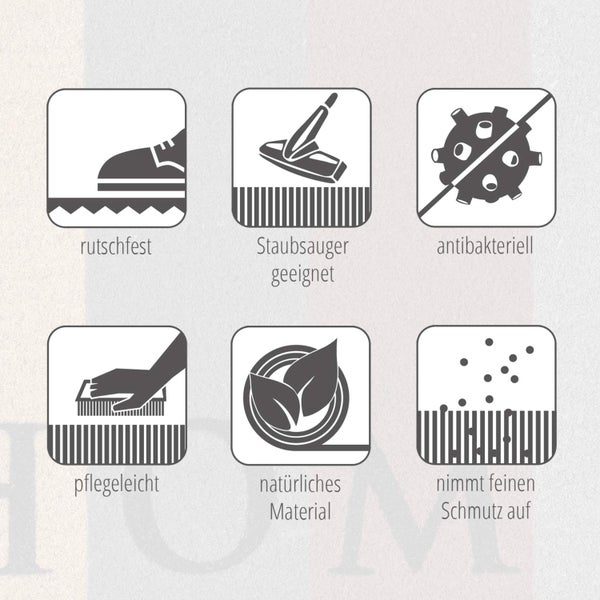 Piktogramme mit Produkteigenschaften: rutschfest, staubsaugergeeignet, antibakteriell, pflegeleicht, natürliches Material, nimmt feinen Schmutz auf