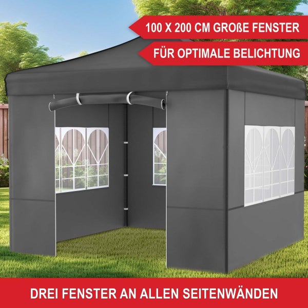 Grauer Gartenpavillon mit 100 mal 200 Zentimeter großen Fenstern an allen Seitenwänden für optimale Belichtung.