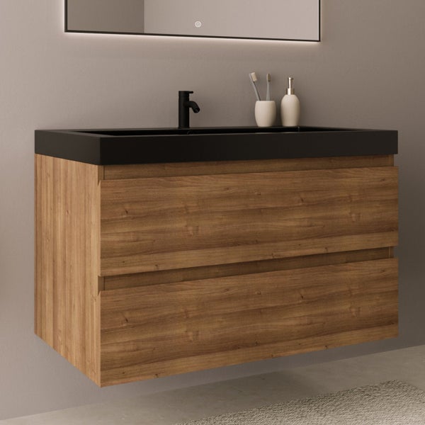 Hängender Waschtischunterschrank in Holzoptik mit zwei Schubladen und schwarzem Waschbecken. Modernes Design für das Badezimmer.