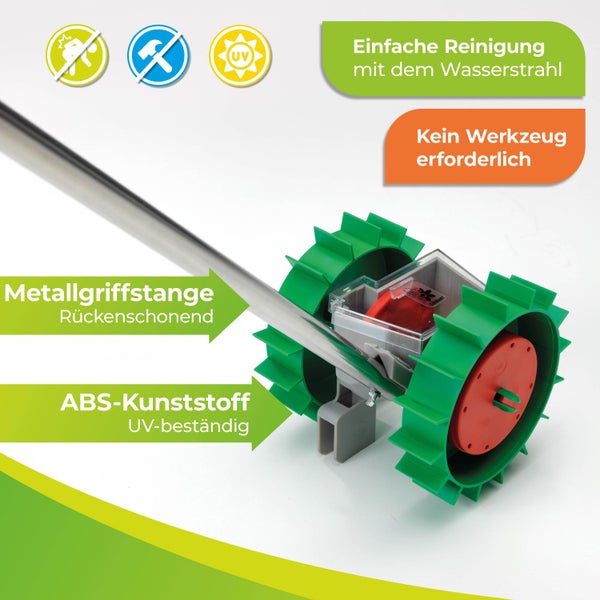 Bio Green Gartengerät mit Metallgriffstange und Rädern aus UV-beständigem ABS-Kunststoff. Einfache Reinigung, werkzeugfrei und rückenschonend.