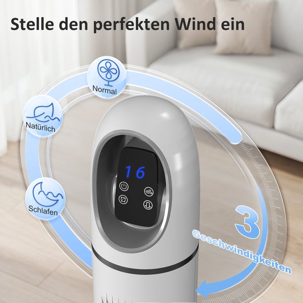 Moderner weißer Ventilator mit Digitalanzeige und drei Modi: Normal, Natürlich und Schlafen, sowie drei Geschwindigkeitsstufen.