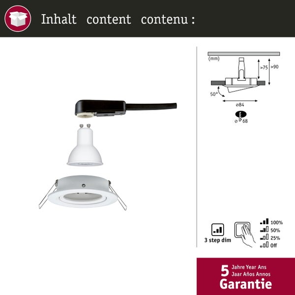 LED Einbaustrahler Set mit GU10 Leuchtmittel und Anschlussbox, Maße in Millimeter, 50 Grad schwenkbar, 3-stufig dimmbar, 5 Jahre Garantie.