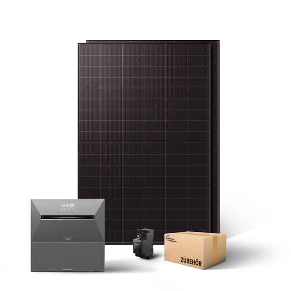 Anker SOLIX Balkonkraftwerk Komplettset bestehend aus zwei Solarmodulen, Solarbank 2 Pro Speicher, Smart Meter und Zubehörpaket.