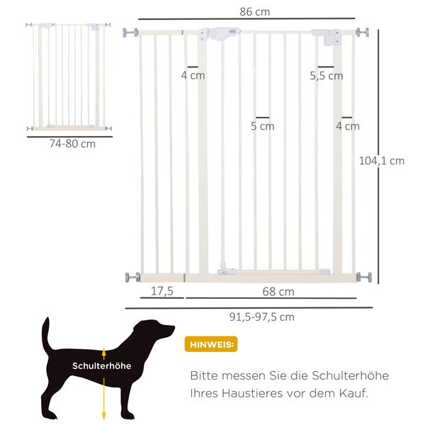 PawHut Türschutzgitter extra hoch Treppenschutzgitter 97,5 x 104,1 cm Hundegitter ohne bohren mit Verlängerung Absperrgitter mit Doppelter Verschluss für Haustier Auto-Close Metall Weiß