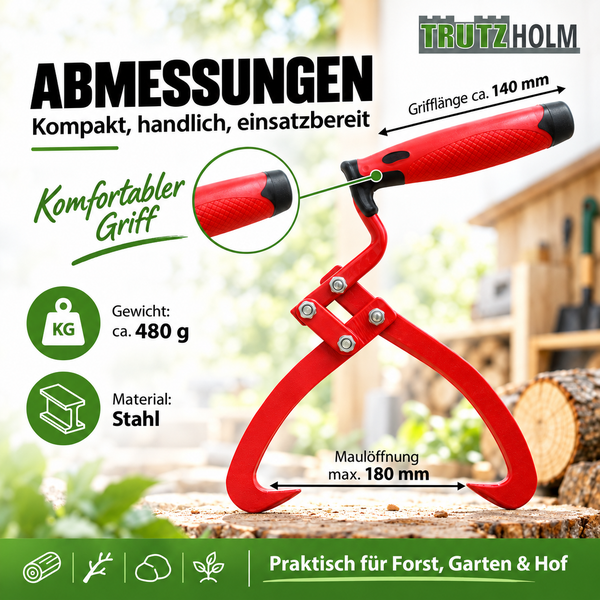 Trutzholm Stammgreifer aus Stahl mit 180 Millimeter Maulöffnung und ergonomischem Griff für Forst und Gartenarbeiten.