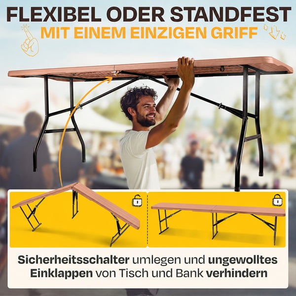 Klappbarer Tisch mit Sicherheitsschalter zum Verriegeln gegen ungewolltes Einklappen.