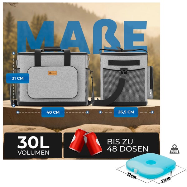 Zwei Kühltaschen mit Größenangaben und dazugehörigen Kühlakkus.