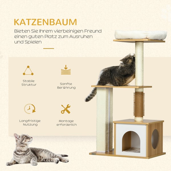 PawHut Kratzbaum, 114 cm hoch, Katzenbaum, mehrstöckiger Kletterbaum mit Katzenbett, Katzenhöhle, Katzenmöbel mit Kitzelsäule, Katzenkratzbaum für Katzen bis 5 kg, Eiche