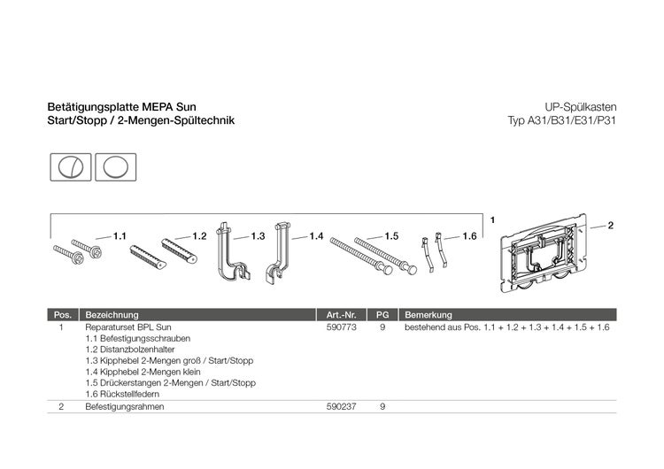 Explosionszeichnung Reparaturset und Befestigungsrahmen für MEPA Sun Betätigungsplatte und Unterputz-Spülkasten Typ A31, B31, E31 und P31.