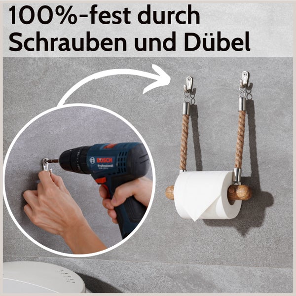 DEKAZIA® Toilettenpapierhalter Seil | Mango Holz | Klopapierhalter für WC/Badezimmer | 100%-fest durch Bohren oder Kleben | Vintage Dekoration | Jute Klorollenhalter | WC Rollenhalter