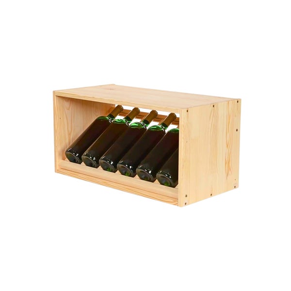 Weinregal aus hellem Holz für sechs Flaschen.