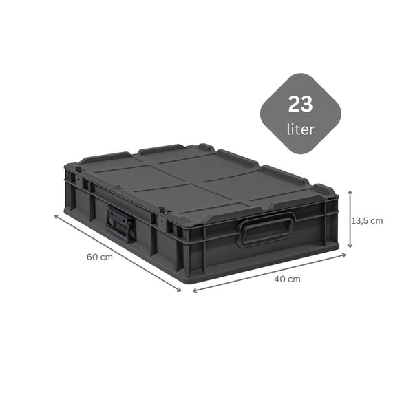 Graue Kunststoffbox mit Deckel, 23 Liter Fassungsvermögen und den Maßen 60 cm x 40 cm x 13,5 cm.