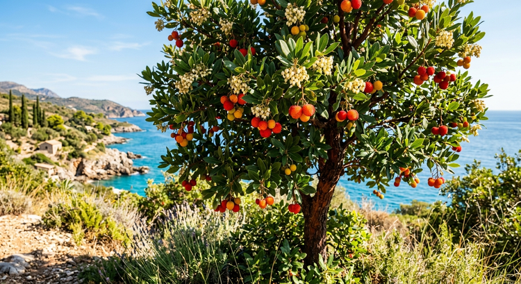 Erdbeerbaum Arbutus unedo mit reifen Früchten und weißen Blüten in einer hellen mediterranen Küstenlandschaft mit Meerblick.