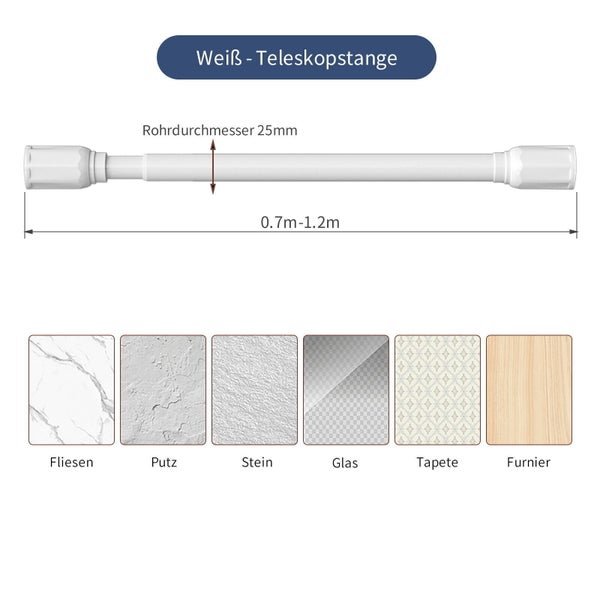 Teleskopstange mit 25 Millimeter Rohrdurchmesser und einer Länge von 0,7 bis 1,2 Meter für verschiedene Oberflächen wie Fliesen und Glas.