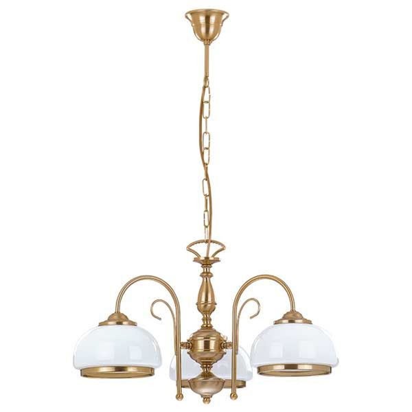Drei flammige Pendelleuchte im klassischen Design mit Metallgestell und runden Glasschirmen für eine stilvolle Raumbeleuchtung.