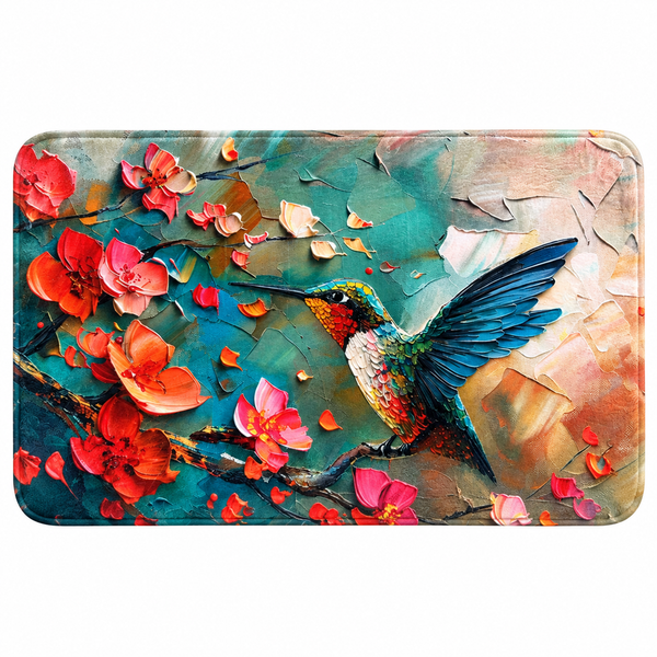 Rechteckiger Badematte mit künstlerischem Kolibri- und Blumenmotiv im Ölgemälde-Stil.