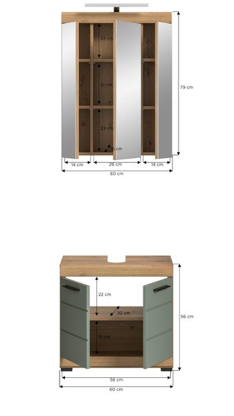 Badezimmermöbel bestehend aus Spiegelschrank und Waschbeckenunterschrank mit detaillierten Maßangaben in Zentimeter für Fächer und Außenmaße.