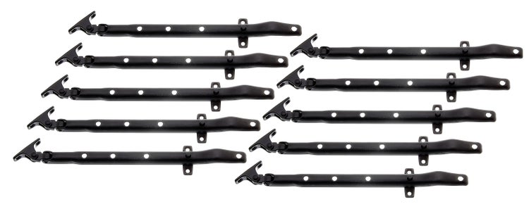 Set aus zehn Fensterfeststellern aus Metall zur Fixierung von Fensterflügeln.