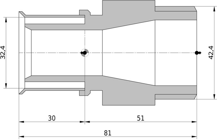 Maßzeichnung eines Rohrverbinders mit Maßen in Millimetern: Gesamtlänge 81, Abschnitte 30 und 51, Durchmesser 32,4 und 42,4.