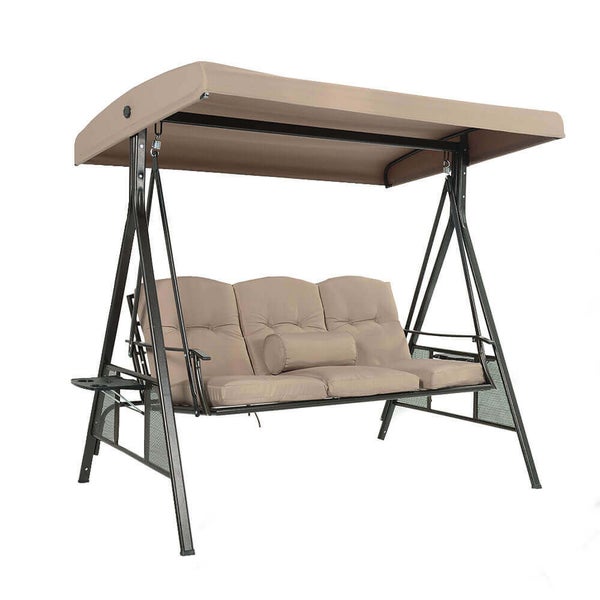 Home Deluxe - Hollywoodschaukel DESCANSO Beige mit Abdeckung - 3-Sitzer, B/H/L 115cm x 195cm x 198cm, inkl. Getränkehalter, Sitz- und Rückenkissen I Gartenliege Gartenlounge Schaukelliege