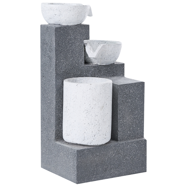 Moderner Kaskadenbrunnen in Stufenoptik aus Polyresin mit Stein-Effekt und drei Wasserbecken.