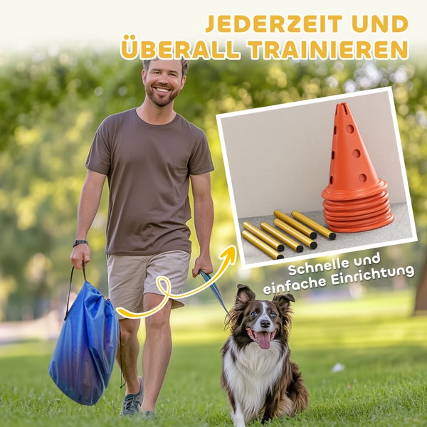 Ein Mann geht mit seinem Hund im Park spazieren und trägt ein mobiles Agility-Trainingsset für Hunde mit Hütchen und Stangen.