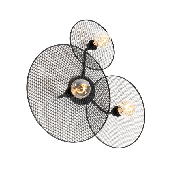 Schwarze Deckenleuchte mit drei Leuchtmitteln und runden Lampenschirmen aus Metallgitter.