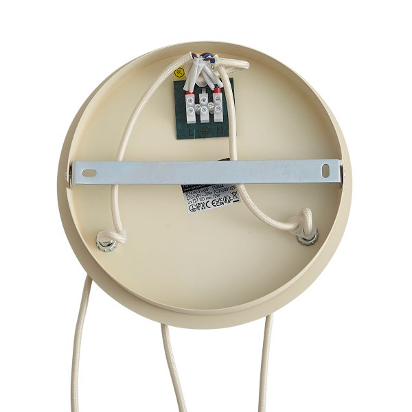 Innenansicht eines runden Deckenbaldachins für Pendelleuchten mit Montagebügel, Lüsterklemme und Textilkabeln für 220 bis 240 Volt.
