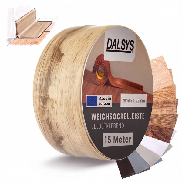 Dalsys Weichsockelleiste in Holzoptik, selbstklebend, 15 Meter Rolle mit 28 mal 22 Millimetern.