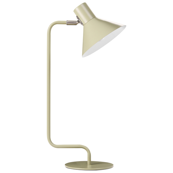 Schreibtischleuchte aus Metall mit konischem Schirm und gebogenem Gestell in Beige.