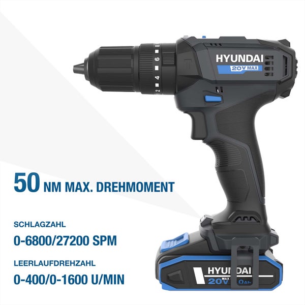 Hyundai Akku Schlagbohrschrauber 20 Volt mit 50 Newtonmeter maximalem Drehmoment sowie zwei Schlagzahl und Leerlaufdrehzahl Stufen.