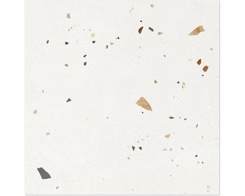 Quadratische Bodenfliese aus Feinsteinzeug in Terrazzo-Optik.
