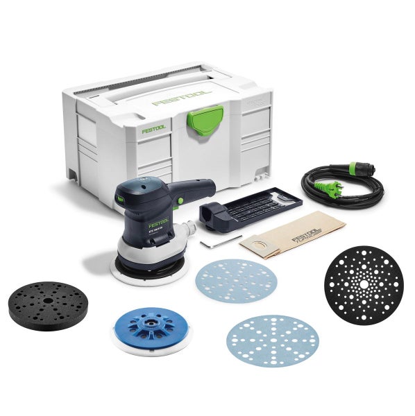 Festool ETS 150/5 EQ-Plus Exzenterschleifer 310 W 150 mm + 150x Schleifscheibe + 2x Protection Pad + Schleifteller+ Interface Pad + systainer