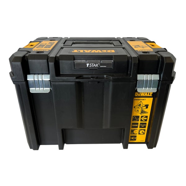 DeWalt Werkzeugkoffer TSTAK, robuster schwarzer Kunststoffkoffer mit Metallschließen, Tragegriff, TSTAK kompatibel und DeWalt Logo.