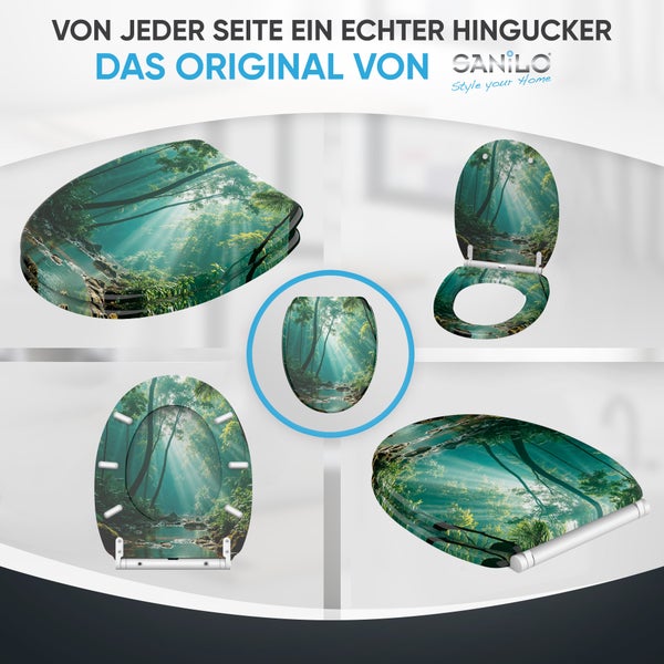 Verschiedene Ansichten eines WC-Sitzes mit Dschungelmotiv von Sanilo