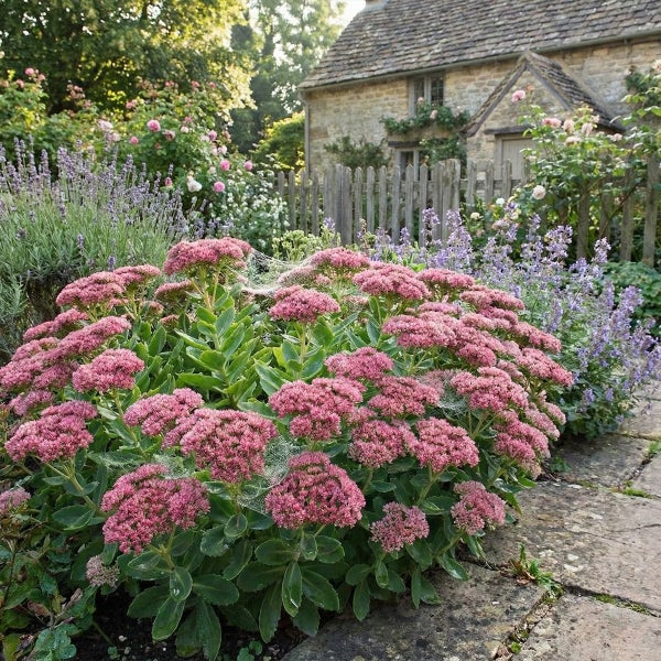 Hell gestalteter Bauerngarten mit blühender Fetthenne, Lavendel und Rosen an einem Natursteinweg vor einem historischen Steinhaus mit Holzzaun.