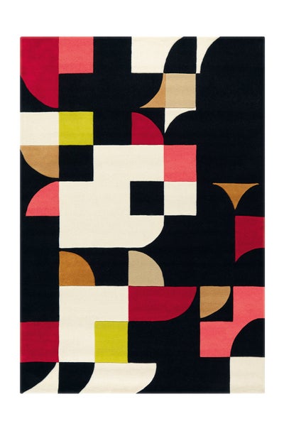 Moderner Teppich mit buntem geometrischem Muster aus Rechtecken, Quadraten und Kreissegmenten.