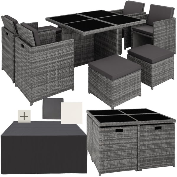 Rattan Sitzgruppe tectake Manhattan 2 Bezugssets, zusammenschiebbar, inklusive Schutzhülle mit Aluminiumgestell grau