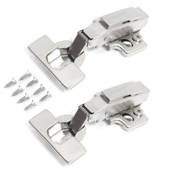 Zwei Möbelscharniere aus Metall mit Befestigungsschrauben