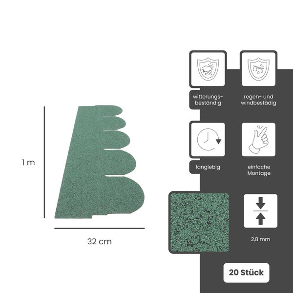 Grüne Dachschindeln, 1 Meter mal 32 Zentimeter, witterungsbeständig, langlebig, einfache Montage, 2,8 Millimeter Materialstärke, 20 Stück.