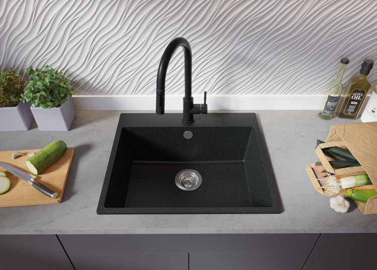 PRIMAGRAN Granitspüle Anthrazit 58x50cm, Spülbecken 1 Becken + Küchenarmatur 32x20cm + Ablauf-Set, Küchenspüle ab 60er Unterschrank - Riga