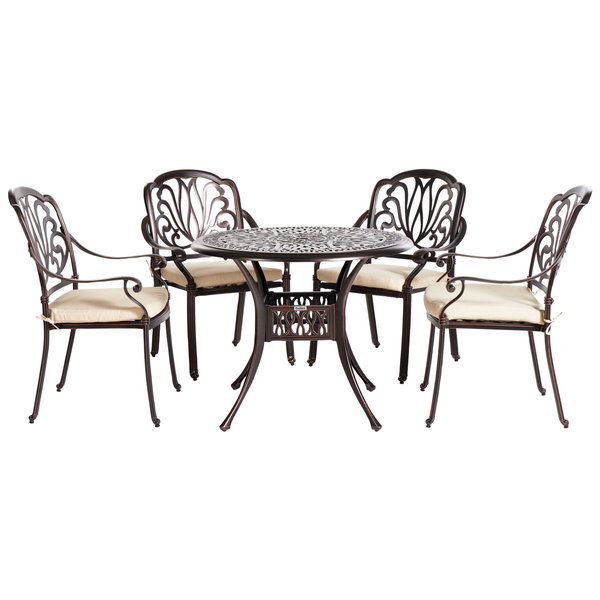 Gartenset mit Tisch und vier Stühlen mit Armlehnen und Sitzkissen