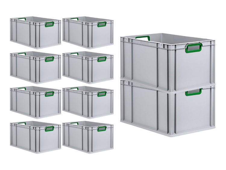 PROREGAL Spar Set 10x Eurobox Nextgen Color HxBxT 32 x 40 x 60 cm 65 Liter Griffe Grün Offen Verstärkter Boden Eurobehälter Transportbox