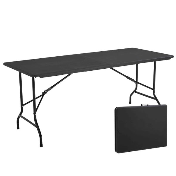 Klappbarer Buffettisch aus Kunststoff mit Metallgestell, inklusive platzsparender Klappfunktion und Tragegriff.