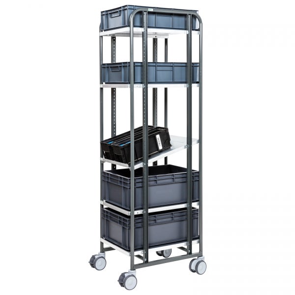 Rollregal mit mehreren grauen Aufbewahrungsboxen