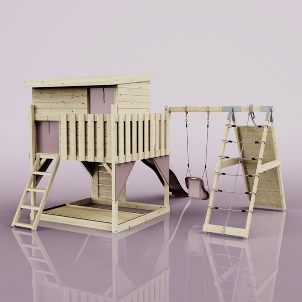 Spielturm aus Holz mit Rutsche, Schaukel, integriertem Sandkasten, Leiter und Kletternetz.